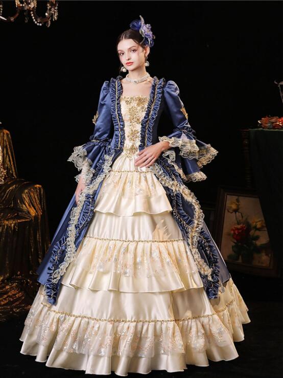 プリンセスドレス パーティードレス ステージ衣装 貴婦人 お嬢様 ワンピース 中世貴族風 貴族ドレス 宮廷ドレス ロングドレス 可愛い フレア袖 ハロウィン クリスマス 撮影 演奏会 司会 演出服 オ
