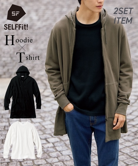 パーカー・トレーナー 2点セット ロング丈フルジップパーカー+ワッフルTシャツ ３Ｌ以上お腹ゆったり