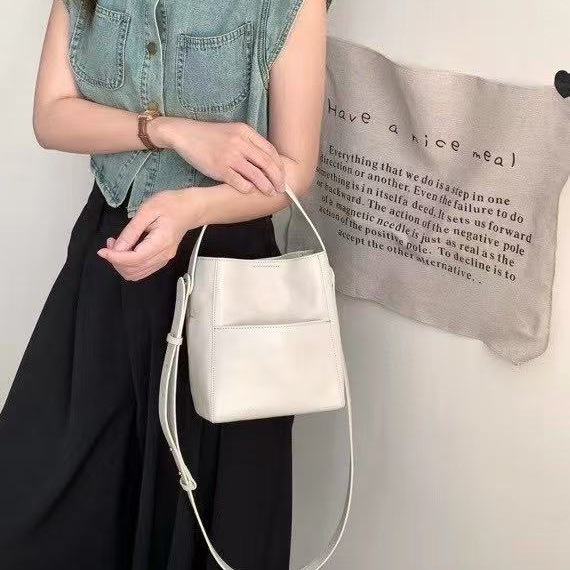 レトロ風植なめし牛革バケツバッグ2025新型本革ポケットハンドバッグショルダーバッグ女性