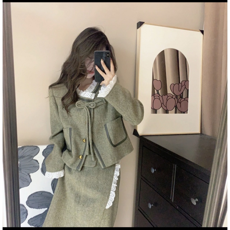 グリーンスーツスカートレディースウールウールショートコートスカート気質ツーピーススーツレディース