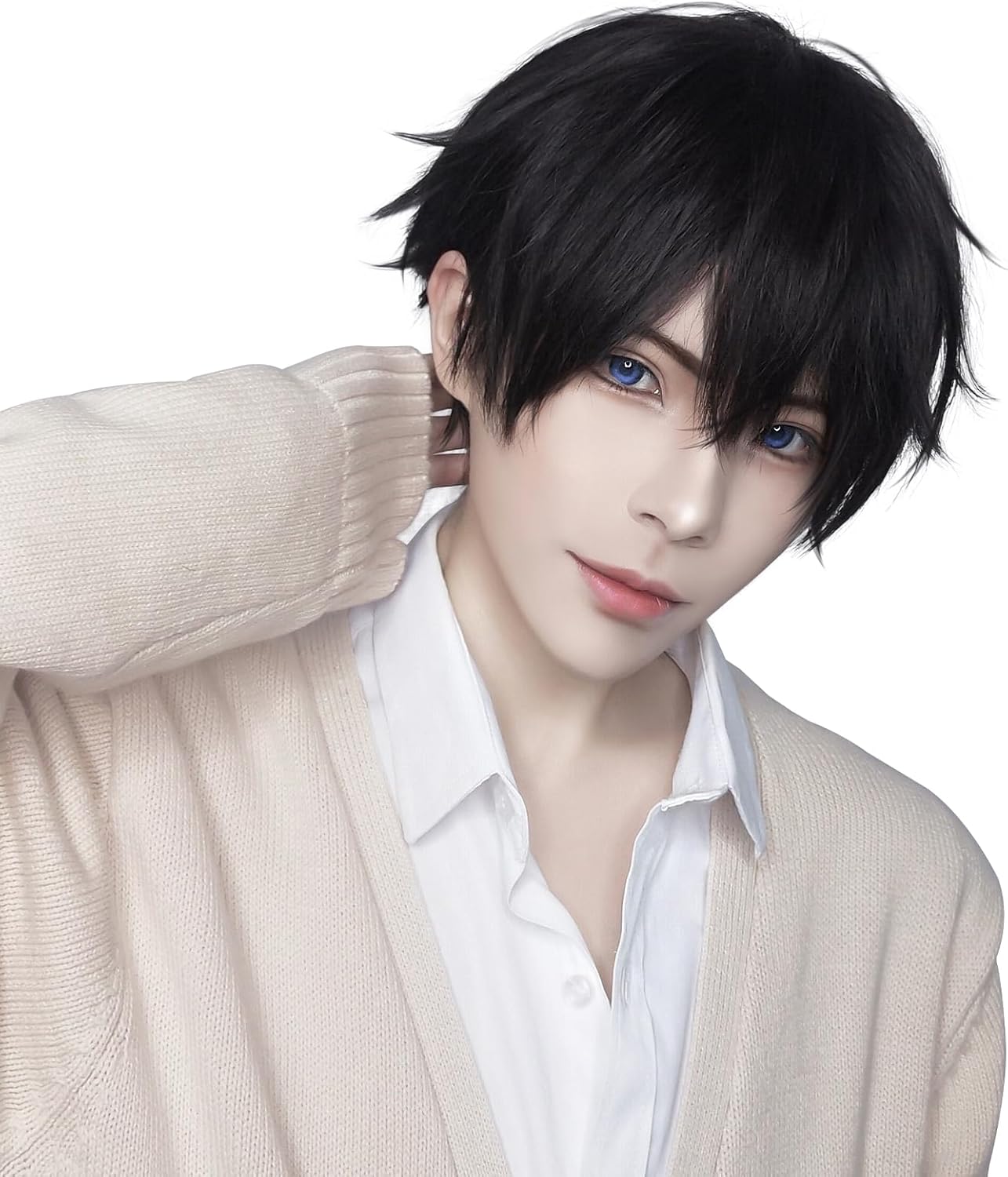 ショートヘアの黒髪フルウィッグ 男性用 通気性耐熱仕様 ネット付き