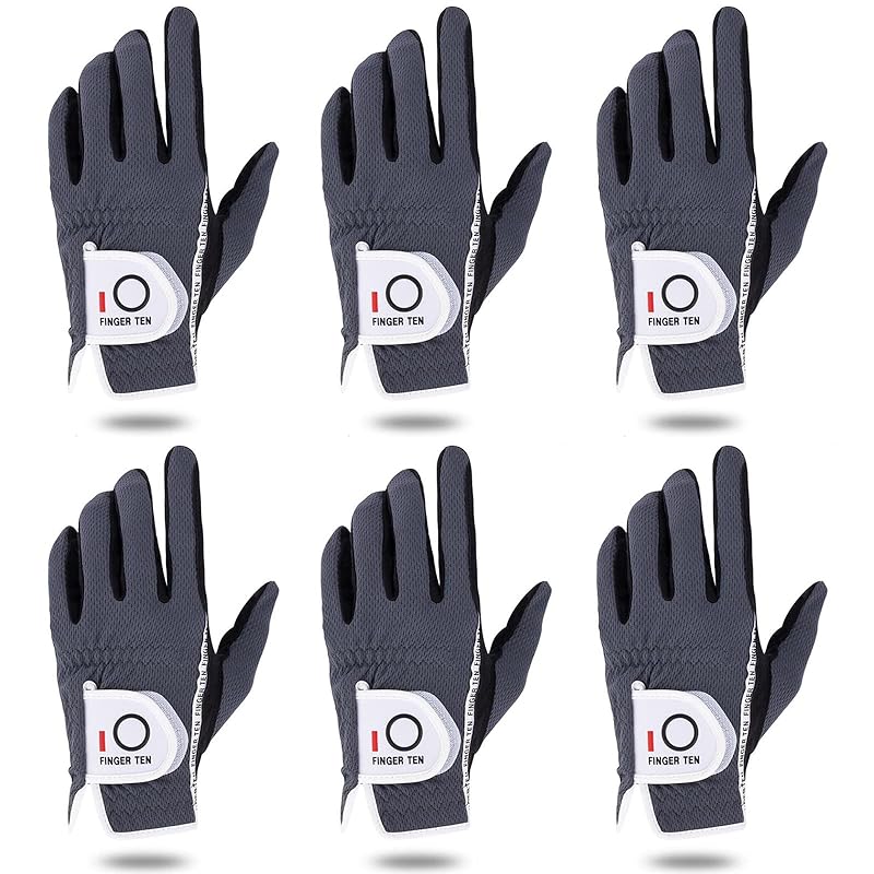 メンズ ゴルフグローブ 右手用 左手用 全天候型滑り止め 柔らかい ゴルフ 繊維布 フィット感 マジックテープ 汗防止 多機能 6枚 セットブラック グレイ (灰 Grey, 左手用25)