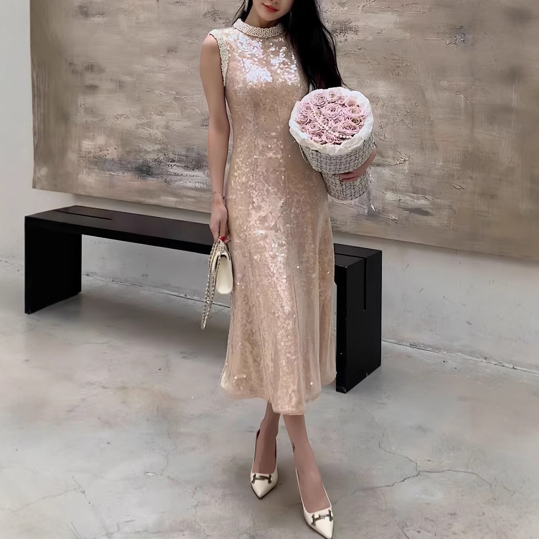 アプリコットメッシュスパンコール刺繍パール装飾の高級ドレスエレガントな雰囲気