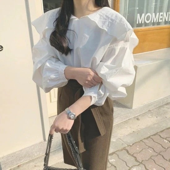 シャツブラウス レディース フリル 大きいサイズ ゆったり パフスリーブ きれいめ 長袖 トップス シャツブラウス レディース フリル 大きいサイズ ゆったり パフスリーブ