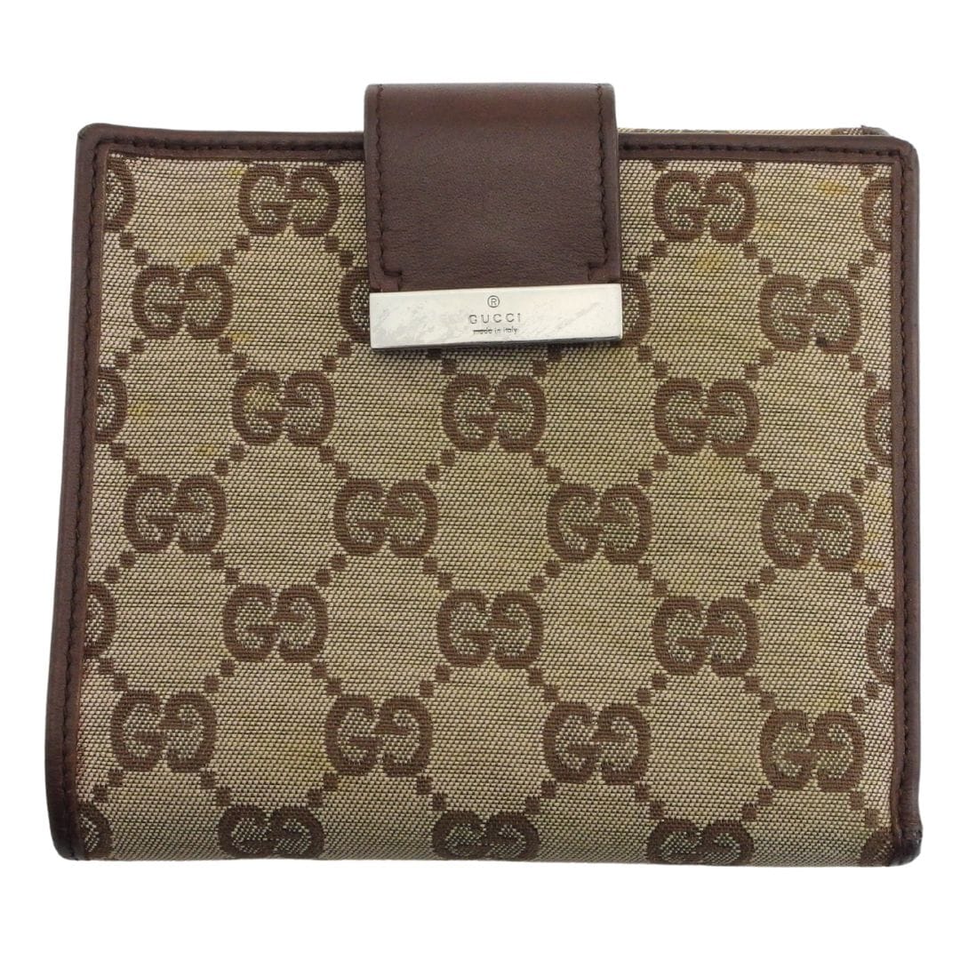 二つ折り財布 GGキャンバス ロゴプレート ベージュ ブラウン レディース 中古