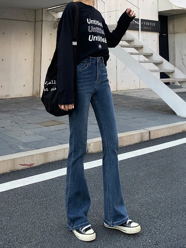 レトロフレアパンツ女性ハイウエスト細いマイクロフレアジーンズl春新しい小さなズボン女性