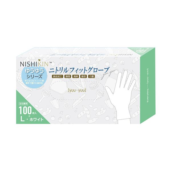 （まとめ） 錦尚金ゆうゆうグローブ ニトリルフィットグローブ パウダーフリー ホワイト L 1箱（100枚） [x5セット]