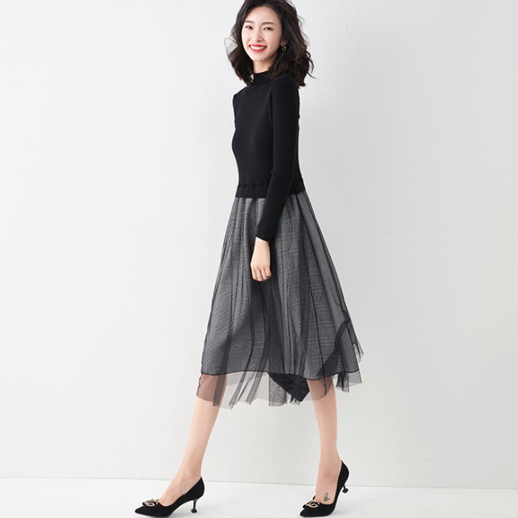 ニットワンピースレディースチュールワンピースワンピース長袖ロングワンピースミモレ丈ラウンドネックチュールニット切り替え着痩せフレア無地ハイウエストお洒落通勤OLキレイめこなれ感春作