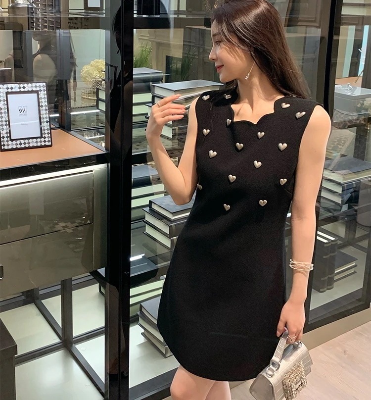 タイトワンピースパーティードレス韓国ミニハート柄Iドットノースリーブ102030レディースワンピースミニワンピースハート型スタッズ無地スカラップ夏ミニ丈ショート丈可愛い個性的スリムブラックSML