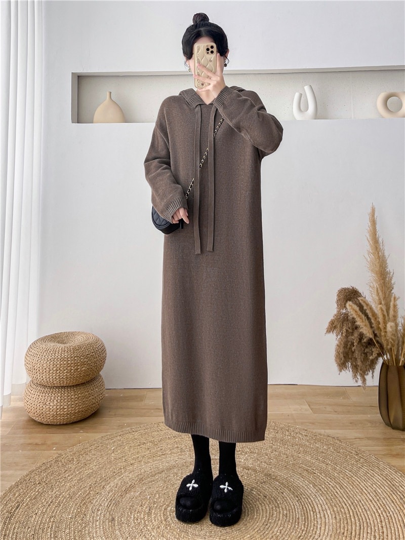 フード付きニットワンピース女性薄手の春冬ロング緩いインナーセータードレス