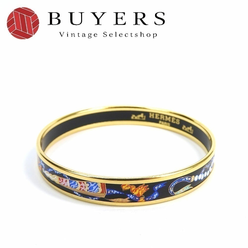 中古エルメス エマイユ バングル ブレスレット アクセサリー ジュエリー 小物 七宝焼き メッキ GP 扇 ゴールド ブラック ブルー レディース 女性 hermes bangle accessori