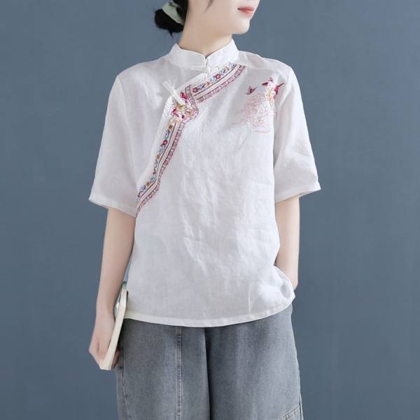 【1つ買うと10つ無料】女性向けのレトロ刺繍格子縞の小柄の綿ンシャツ2025夏のハイエンドの気質快適なの禅ティー服