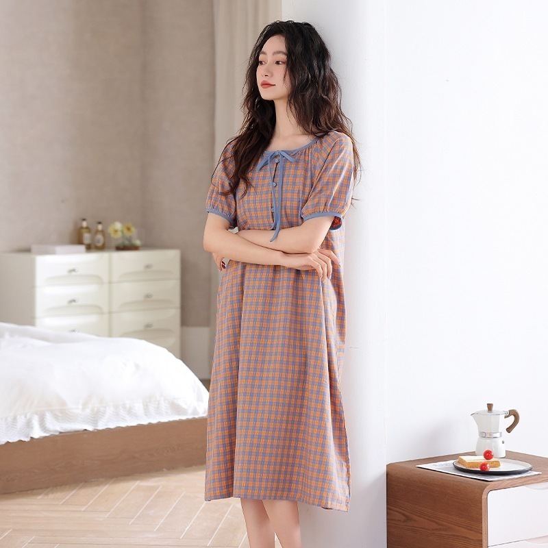 【急速発送】送.料.無.料.スリーパーコットン 半袖ミドルスカートチェックワンピース パジャマ ルームウェア