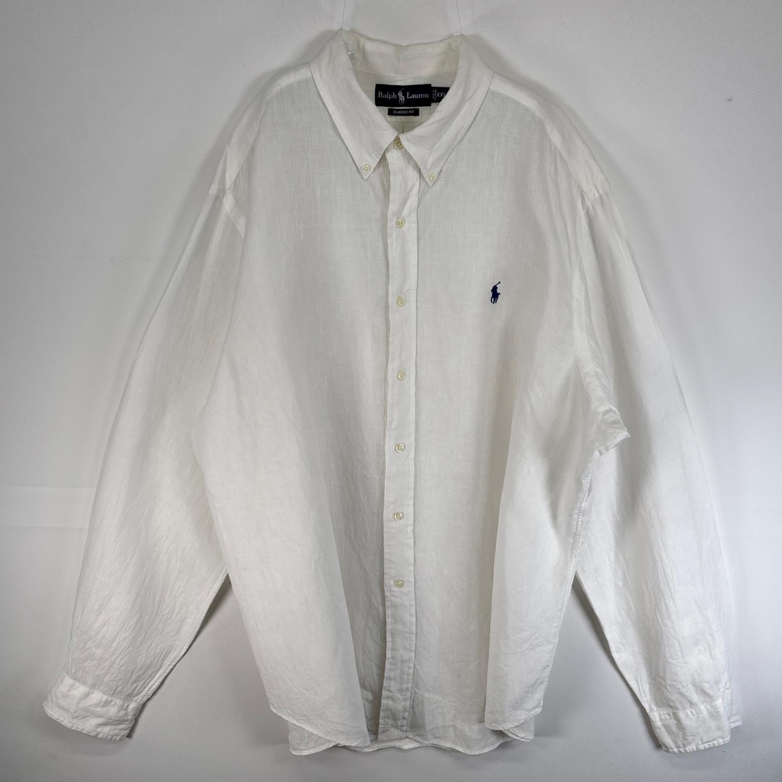 古着 長袖シャツ ロゴ 刺繍 大きいサイズ リネン XXL ホワイト 無地 メンズ