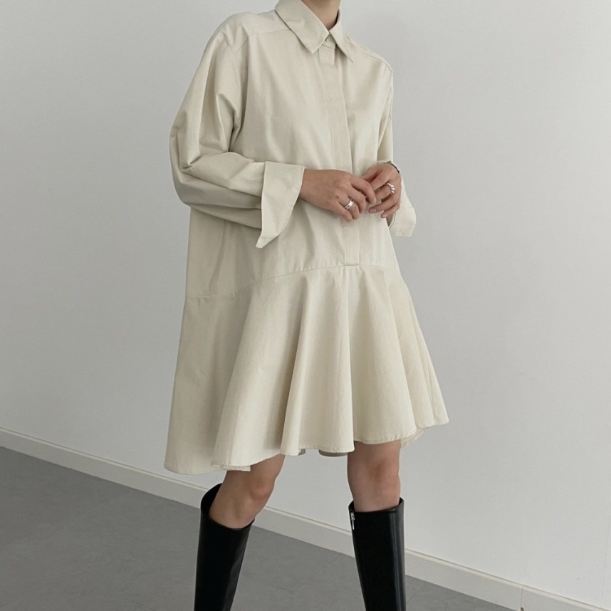 ミニワンピース フィッシュテール 膝上丈 ワンピース シャツワンピース 黒 オフホワイト 韓国 レディース オルチャン 襟あり 膝上スカート 可愛い かわいい 大人可愛い シンプル 5,554円
