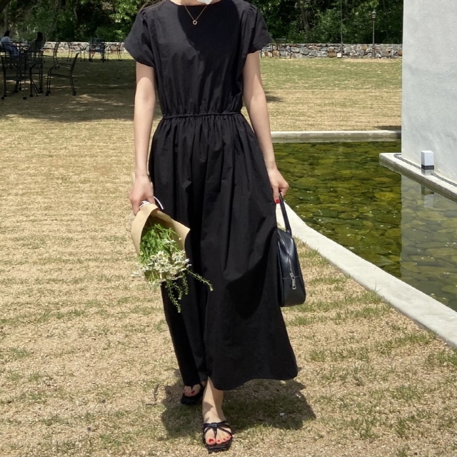 サマー バッグボタン 半袖 バンディング ロング ワンピース(2color)