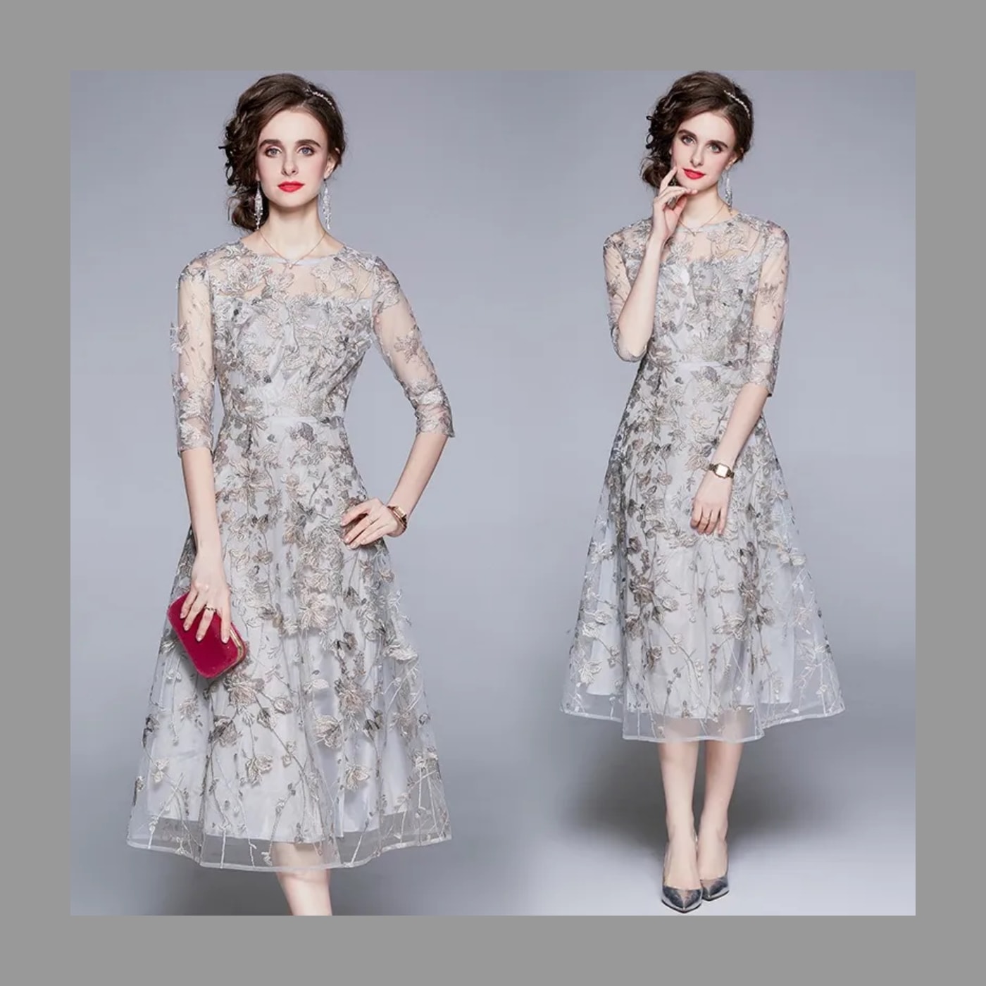 刺繍 エレガント フレンチ バンケット ドレス ロング アクアブルー グレー