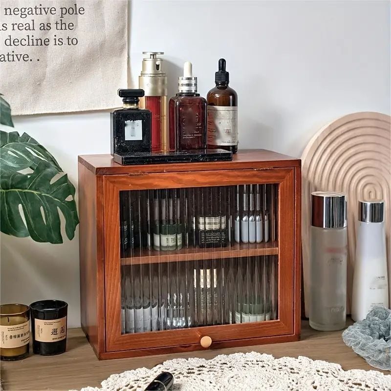 収納キャビネット レトロ調 北欧 2段メイクアップ収納 ヴィンテージ 木製 おしゃれ かわいい インテリア BOX 棚 箱 大容量 多目的 リビング 寝室 木目 ブラウン ナチュラル