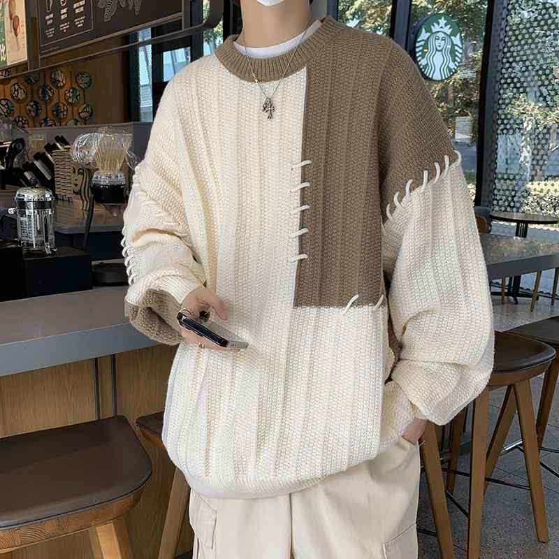 メンズ 秋 冬 ニット トレーナー パーカー メンズ レディース アメリカン スタイル カップル カジュアル ストリート ヒップホップ オシャレ カワイイ パッチワーク セーター ブラック ブラウン