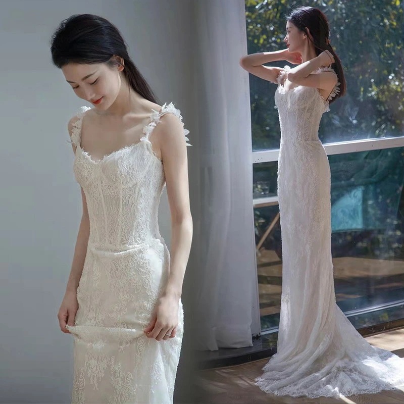 ウェディングドレス マーメイドドレス レース 二次会ドレス 白 マーメイドライン キャミドレス レースドレス 可愛い ホワイトドレス 二次会 ノースリーブ ウェディング トレーンドレス 海外挙式 撮影