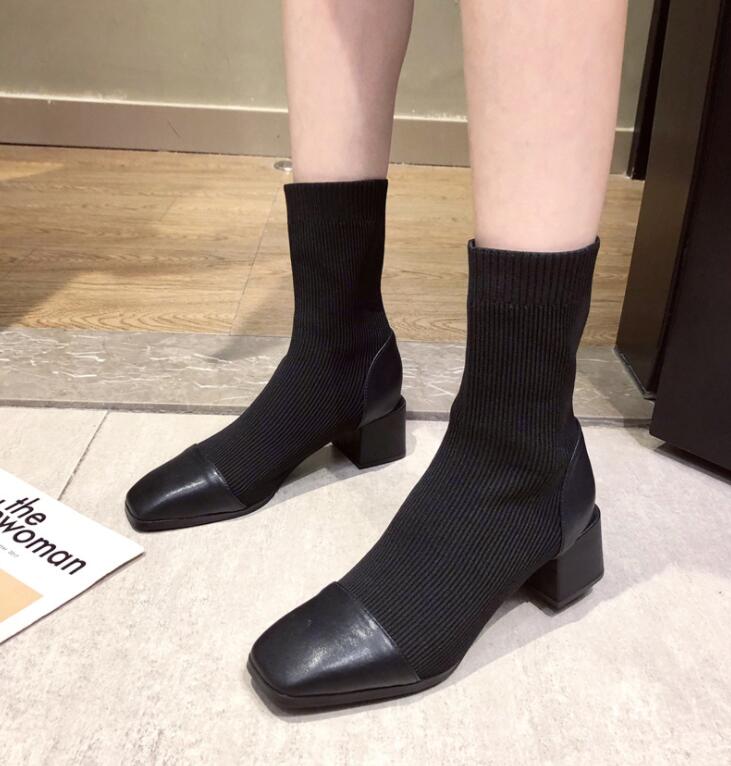 レディースブーツ　ショートブーツ　ソックスブーツ　大きいサイズ　小さいサイズ　ソックスブーツ　ストレッチ素材　ポインテッドトゥ　ショート丈　春秋　秋冬　ストレッチソックスブーツ　太ヒール