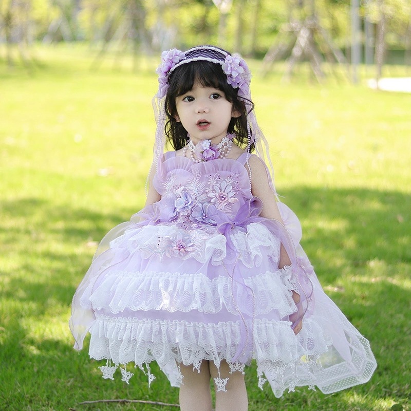 子供 ワンピース　女の子 ワンピース 女の子 ワンピース 夏服　パープル 半袖 子供服 パーティードレス 出産祝い キッズ ロリータ レース 女の子 洋服 ガールズ プリンセス キッズドレス 入園式