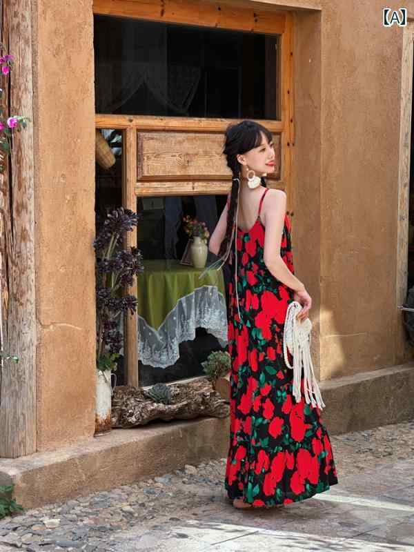 ワンピース 大人 リゾートウェア 旅行 写真撮影 女性 休日 ドレス 魅惑的 バックレス ハイウエスト 植物や花柄 トロピカル フリーサイズ ボヘミアン ノースリーブ