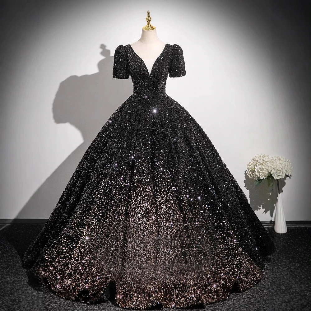 洗練された豪華な黒の高級スパンコールドレスパーティー集まりパフォーマンスに最適です