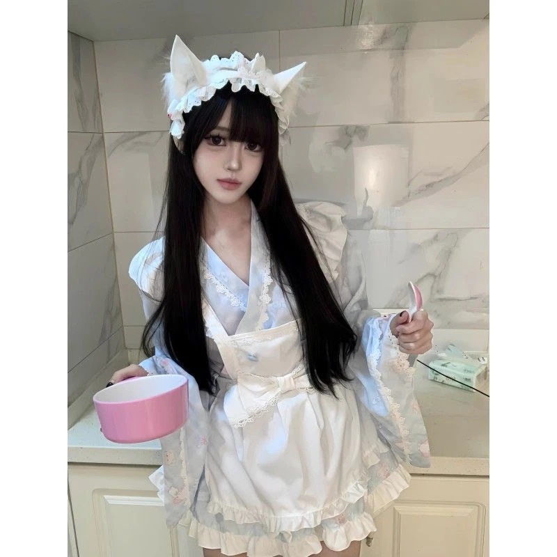 二次元 可愛い少女ロリータプリントメイドワンピースフリルリボンエプロン 二点セット