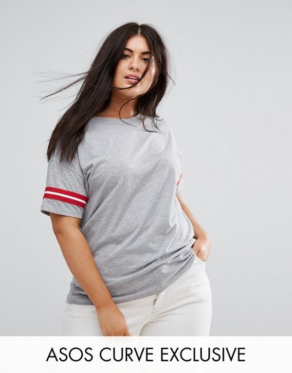 ASOS エイソス レディース 大きめサイズ ゆったりサイズ 送料無料 Grey/red CURVE T-shirt with Stripe Tipped Sleeve 5,217円
