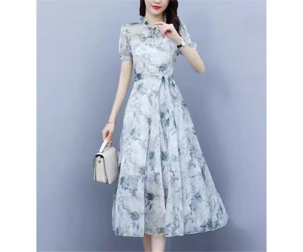 レディース ワンピース プルオーバー ドレス ミモレ ロング 半袖 スタンドカラー Aライン フェミニン シフォン フリル リボン ウエストマーク ウエストリボン ハイウエスト 薄手 大人可愛い