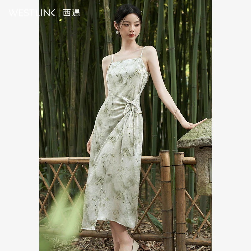 夏 ストラップ 韓国 レトロ サテングラデプリントワンピース ワンピース ロングワンピース ワンピース ワンピース ワンピース 2025春夏 パーティードレス ウエストパネルシェイプ レディース
