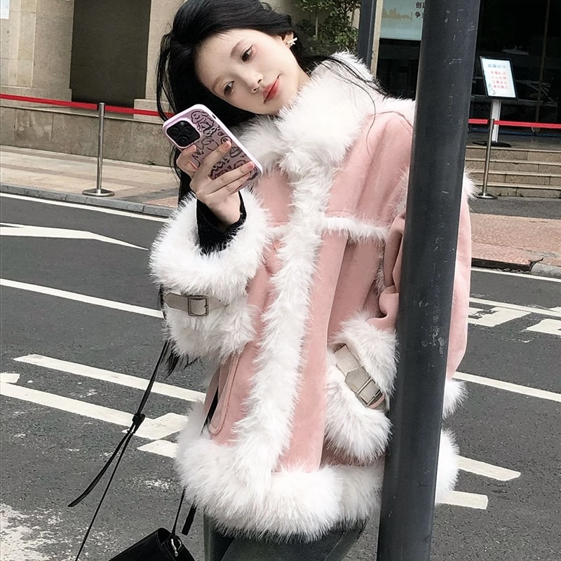 ファー一体型カジュアルスリムスモールフレグランスコート女性冬プラスベルベット肥厚ルーズファーコート