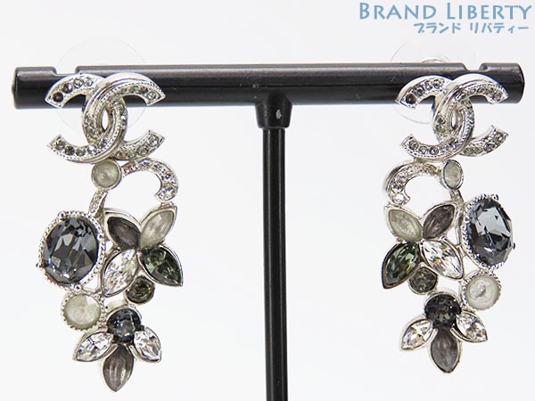 新品同様シャネルココマークストラスラインストーンピアスシルバーブラックメタルラインストーンストラス