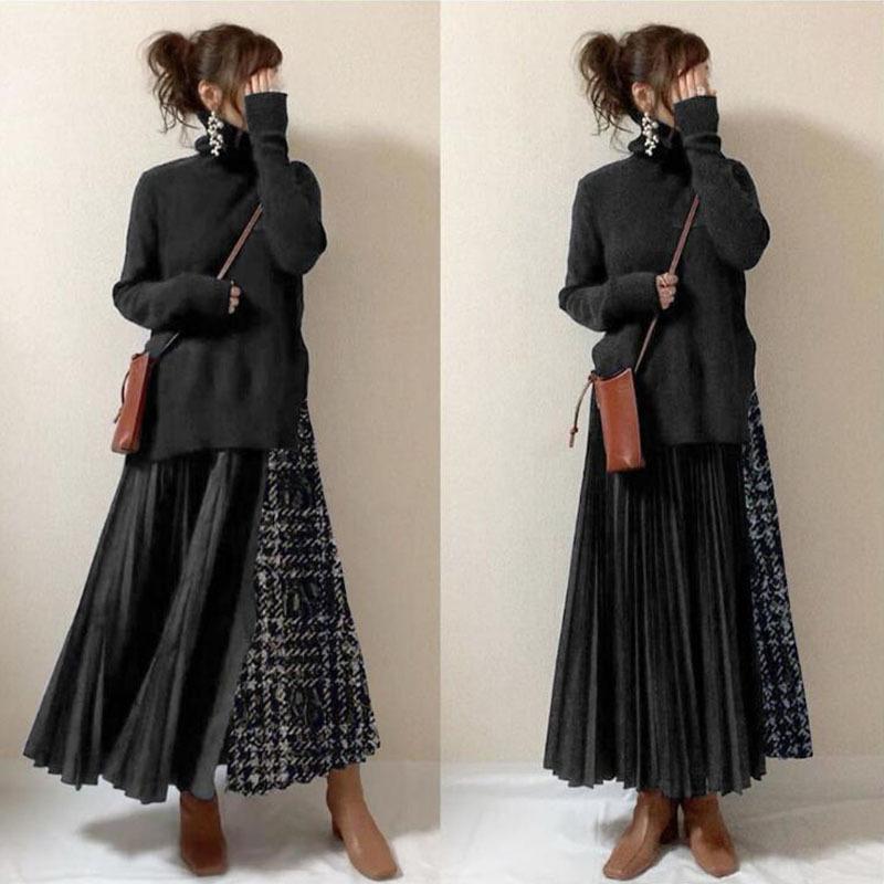 【即納】ニットワンピース ロングワンピース ワンピース レディース ロング丈 秋 冬 バイカラー ハイネック 長袖 体型カバー 秋冬 上品 通勤 OL 30代