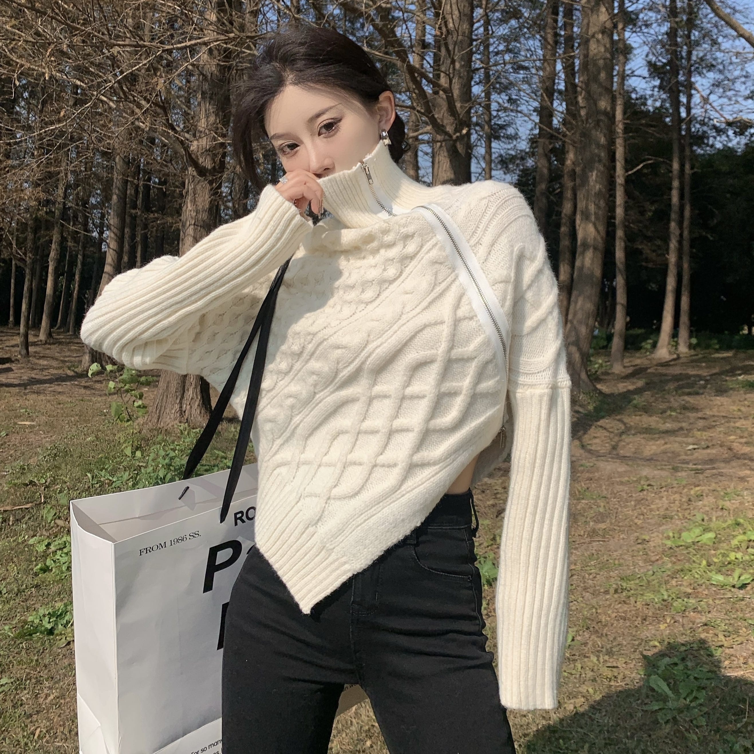 トップス ニット セーター ジップ ジッパー ハイネック スタンドカラー 長袖 ケーブル編み