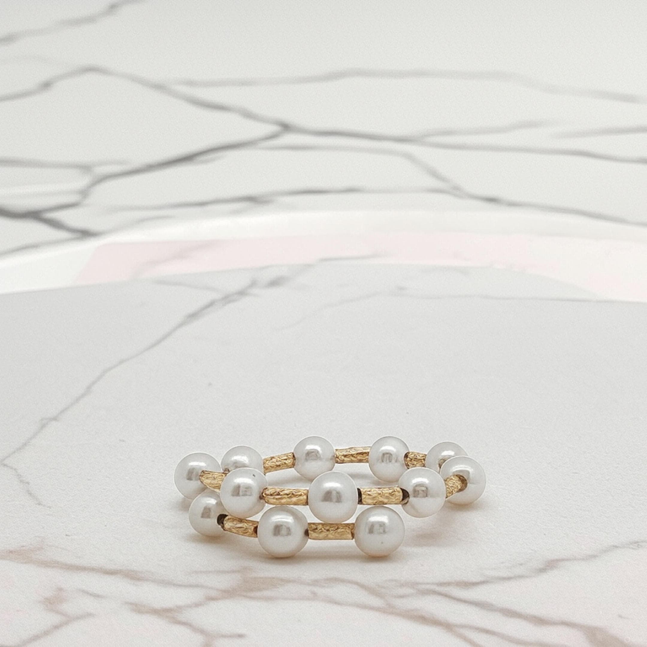 18Kゴールド淡水真珠ダブルバンドリング 3.00 3.50mmラウンドパール