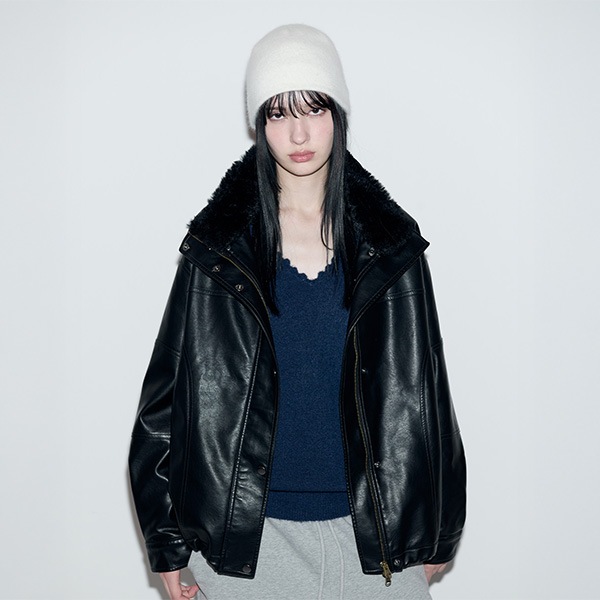 FUR COLLAR LEATHER JUMPER BLACK