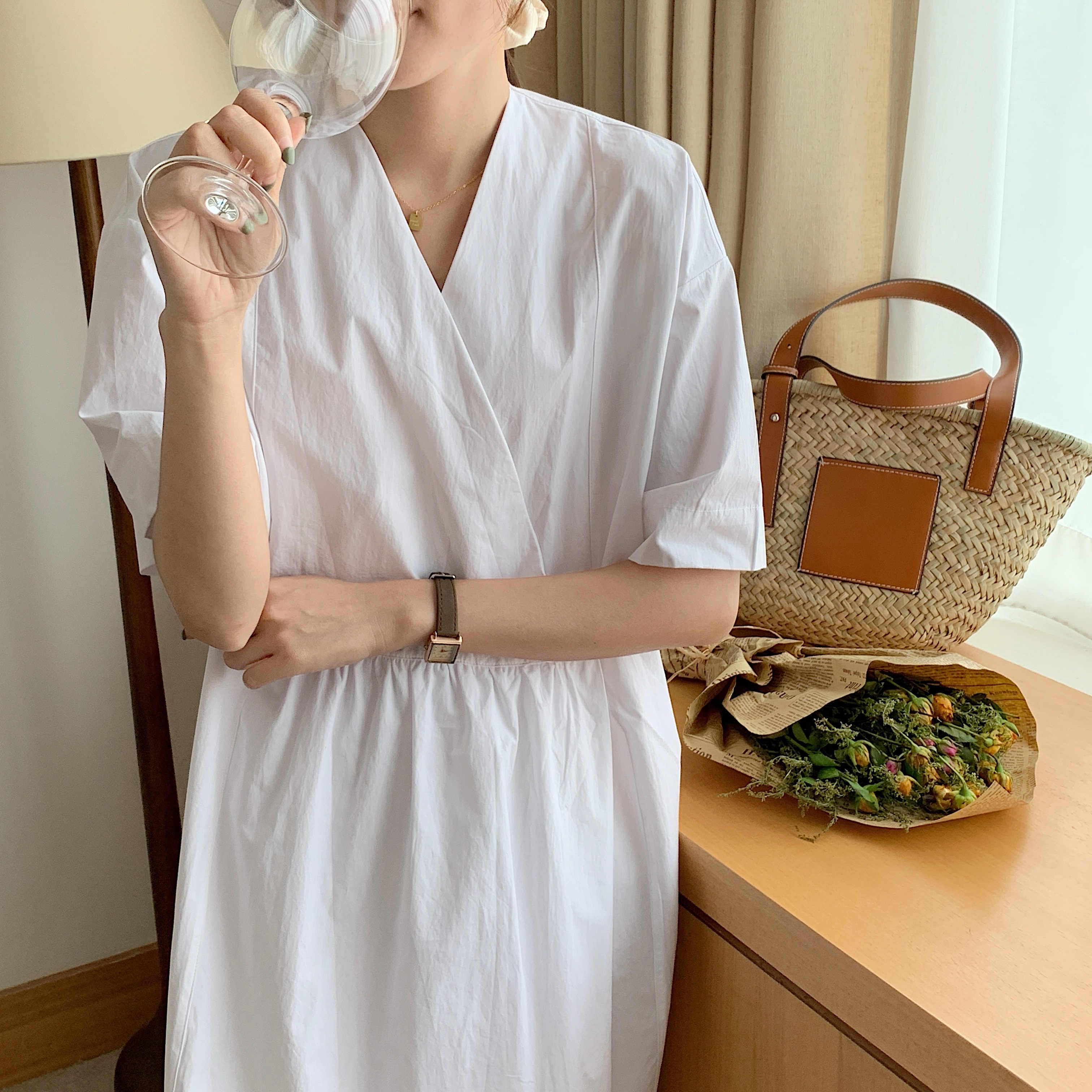 ワンピース レディース ワンピドレス サマーワンピース ロングワンピース 膝下 マキシ丈 袖あり 半袖 カシュクール Vネック 無地 カジュアル シンプル 夏 春 秋 マタニティ 体型カバー 楽ちん