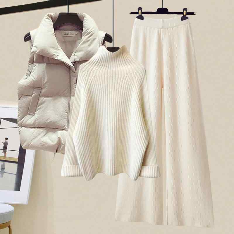 セットアップ レディース 女性用 秋冬 中綿ベスト ハイネックニット タートルネック ワイドパンツ 3点セット コーデセット 体型カバー