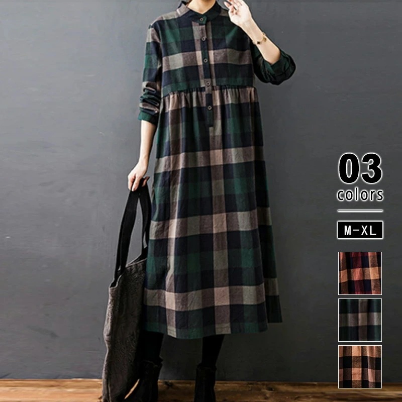 [迅速な配達][限時割!引!]シャツワンピース チェック柄 シャツ ワンピース 長袖 レディース チェック ロングワンピース ロング丈 大きいサイズ 体型カバー ゆったり プルオーバー おしゃれ チェ