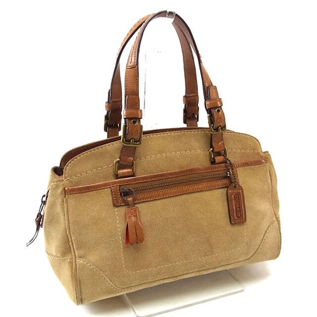 ハンドバッグ ベルトハンドル レザータグ＆タッセル付き ベージュ ブラウン ゴールド 中古