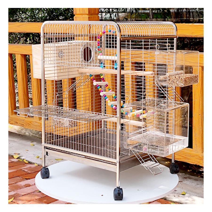 40*40*65CM 小さなオウムステンレス鋼鳥ケージ 鳥小屋鳥かごバードケージ鳥籠 フードカップ木製スタンドトレイキャスターはしごブランコ大型飼育箱