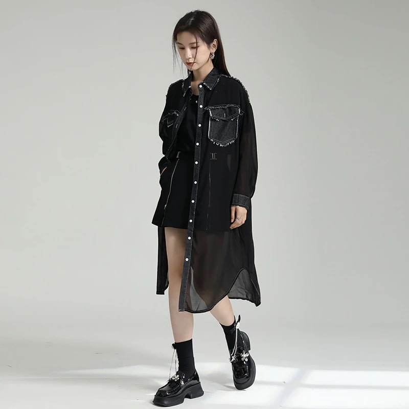 【J.Fashion】新品 デニムドッキング 夏 ロング丈 シアーシャツ シフォン 透明 カーディガン 日焼け止め 体型カバー チュニック ロングカーディガン 紫外線対策 ロングブラウス メガ割30%
