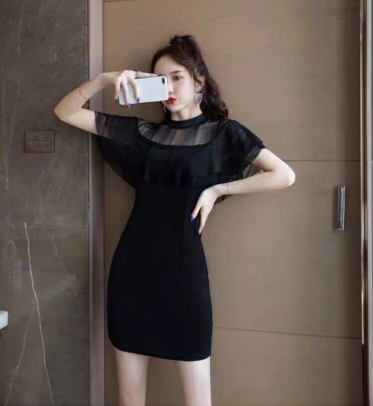 ドレス パーティードレス ミニ ショート 膝上 半袖 フレンチスリーブ ラウンドネック スレンダー タイト スリム 細身 レース スリット 切り替えデザイン ファスナー ハイウエスト 透け感 シースル