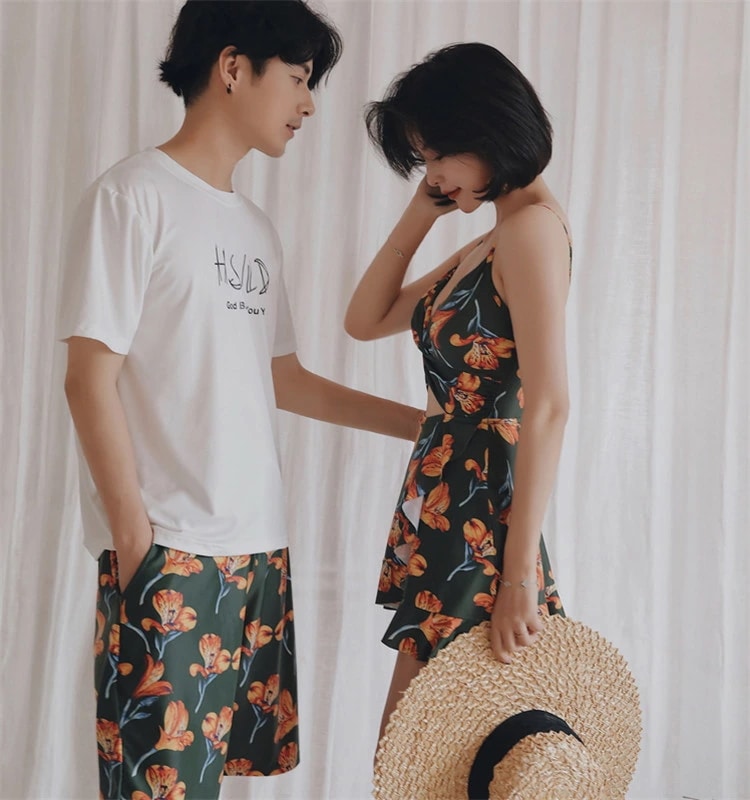 ペア水着 ペアルック カップル水着 レディース スカート付き ショートパンツ 2点セット メンズ水着 男性用 ビーチパンツ サーフパンツ みずぎ mizugi ミズギ 男女 温泉 ハネムーン 蜜月 海