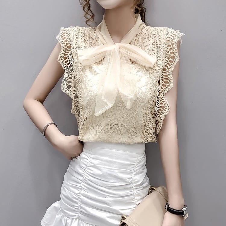 トップス シャツ ブラウス 袖あり ノースリーブ 総レース 鍵編み ボウタイ シフォン ラウンドネック 襟なし スマート レース かわいい 大人可愛い きれいめ シンプル カジュアル 大人 上品 wt