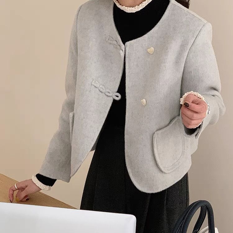 ローピット ショート丈 両面ウールコート レディース ラウンドネック レトロ風 シングルボタン 両面カシミアコート