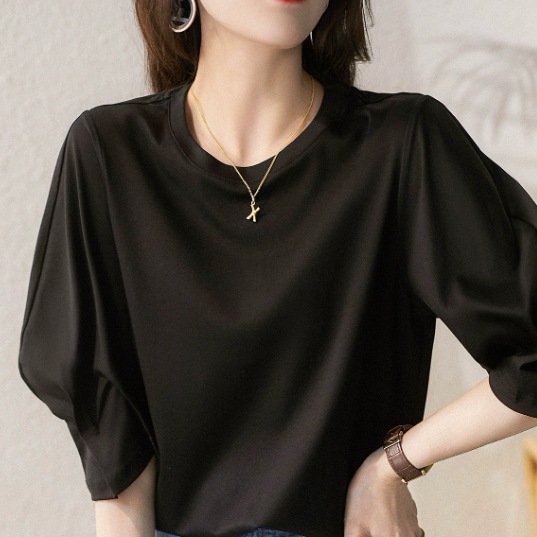 レディース トップス カットソー プルオーバー ミディアム丈 7分袖 ボリューム袖 ラウンドネック かわいい 大人可愛い きれいめ シンプル カジュアル 上品 おしゃれ かっこいい レトロ こなれ感