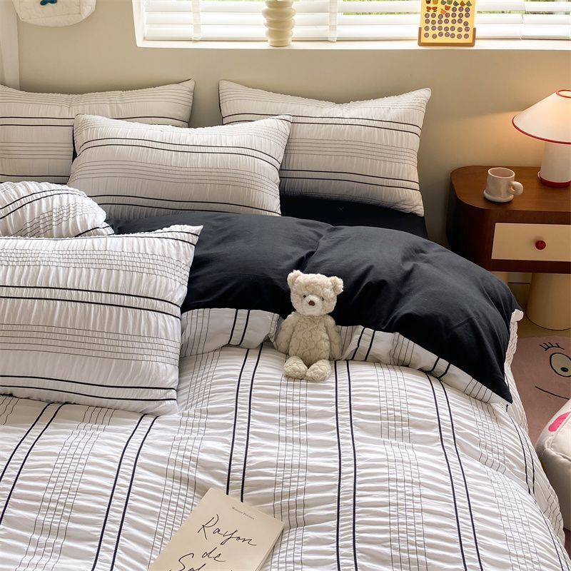 布団カバーシーツ敷パッドシーツ寝具ベッドマットレス柔軟性垂れ感布団カバーins風泡泡ストライプシーツ4点セットシンプルシングル寮3点セット学生 韓国 4,235円